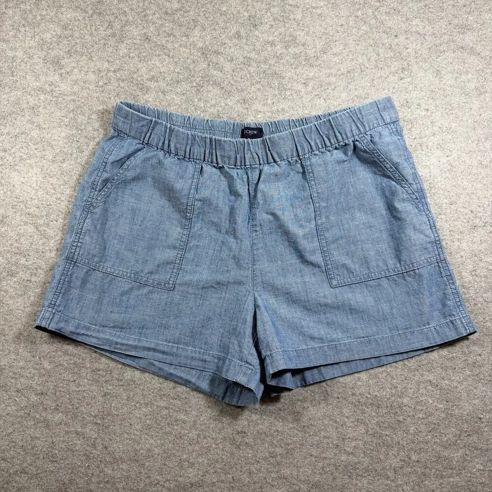 J.Crew Chambray Shorts Womens M Blue Cotton Pull-On Elastic Waist Patch Pockets